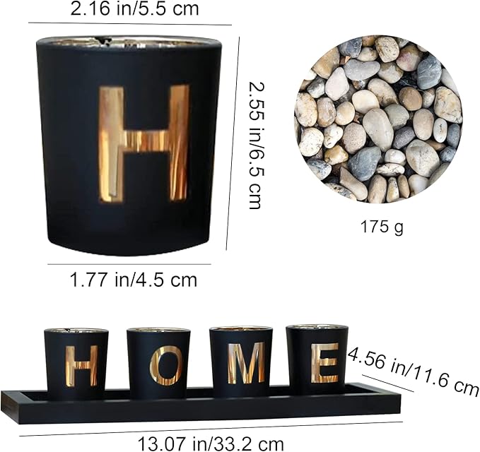 MrMrKura Home Decorative Candle Holder Set, 4 Glass Tea Light Candleholders with Wooden Candle Holders Tray, Natural Pebbles for Home Decor Table Decorations Centerpiece