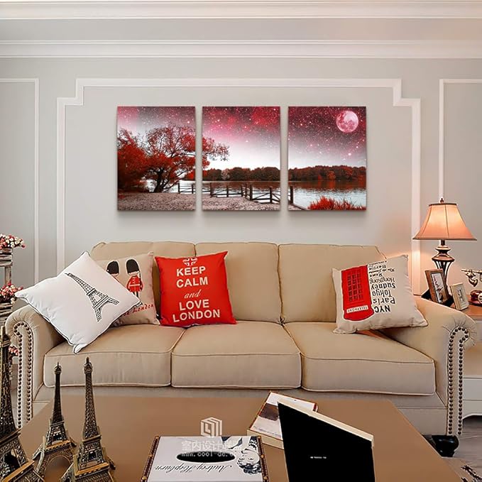 Wall Art for living room Canvas Prints bedroom Wall Decor for bathroom artwork Abstract Painting Red tree moon landscape paintings 16" x 24" 3 Pieces Modern framed office Home decorations for kitchen