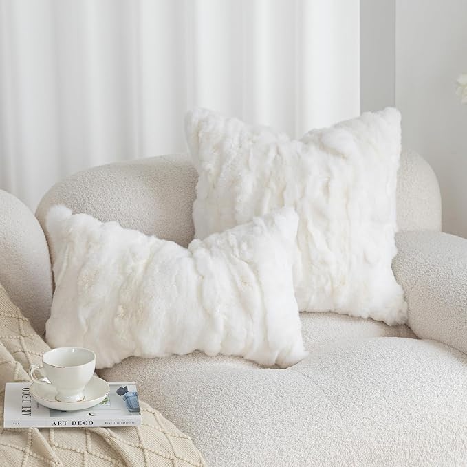 MOOX Rabbit Fur Throw Pillow Covers Decorative Fluffy Soft Fuzzy Plush Luxury Genuine Animal Skin Lumbar Pillow 18"x18" Cushion Cover, Couch White