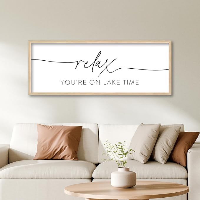 SRSZHIYUE Relax You're On Lake Time Wall Decor Above Bed Sign 32"×12" for Lake House Bedroom Over Bed Large Vintage Wood Framed Farmhouse Lake Lover Home Hanging Art (Wood)