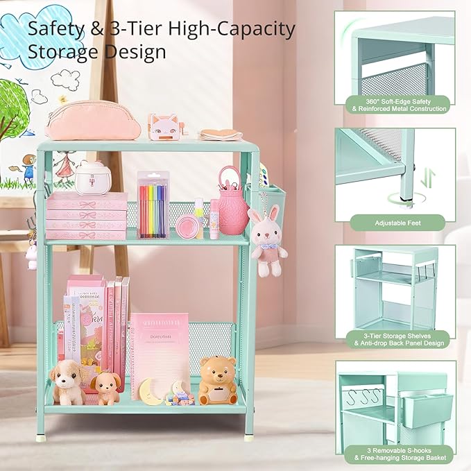 Kids Nightstand, 3-Tier Metal Side Table with Adjustable Storage Shelf, Basket & 3 S-Hooks, Small Bedside Table for Nursery, Toddler Bedroom and Small Spaces (Green)