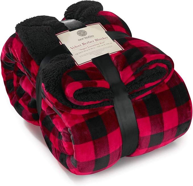 Genteele Sherpa Throw Blanket Super Soft Reversible Ultra Luxurious Plush Blanket, 90 x 90 inches, Buffalo Check Red/Black