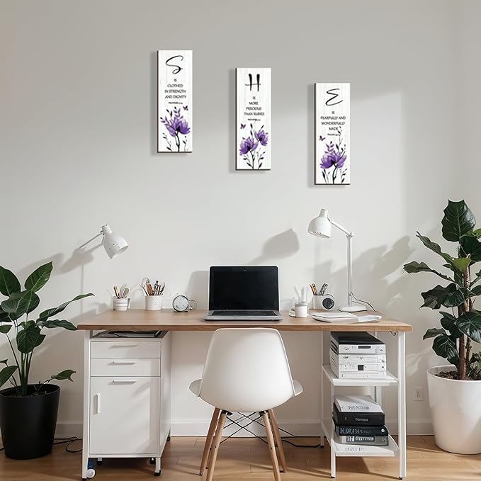DONFENTHY 3 Pieces Inspirational Purple Floral Wall Decor Wooden Hanging Wall Art Christian Quotes SHE Word Sign Gift for Girl Teen Women Bedroom Bathroom Living Room Nursery Office (Purple 12x4 Inch)
