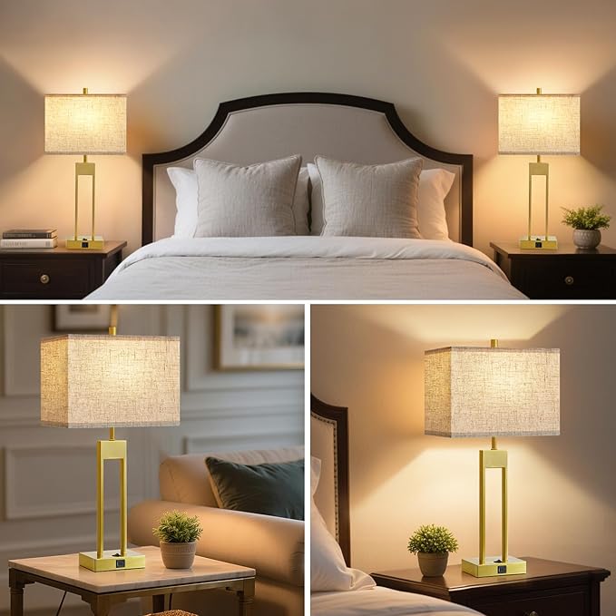 Extra Large 25.5" Nightstand Table Lamps for Bedrooms Set of 2, Bedside Lamp with USB C+A, Colors Changeable Living Room Lamp, Modern Night Stand Lamp for Bedside Guest Room Reading, Gold+White Shade
