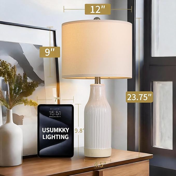 23.75 inches Modern Ceramic Table Lamp Set of 2 for Living Room, Farmhouse Bedside Nightstand Lamp for Bedroom Home Office Dorm