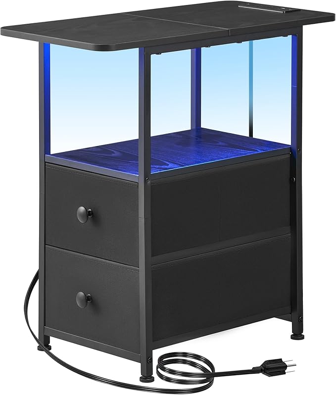 Narrow End Table with Charging Station, Narrow Side Table with 2 Fabric Drawers, Slim Nightstand with LED Light, Small Bedside Table with Storage, Living Room, Bedroom, Black HKET1203BK