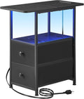Narrow End Table with Charging Station, Narrow Side Table with 2 Fabric Drawers, Slim Nightstand with LED Light, Small Bedside Table with Storage, Living Room, Bedroom, Black HKET1203BK