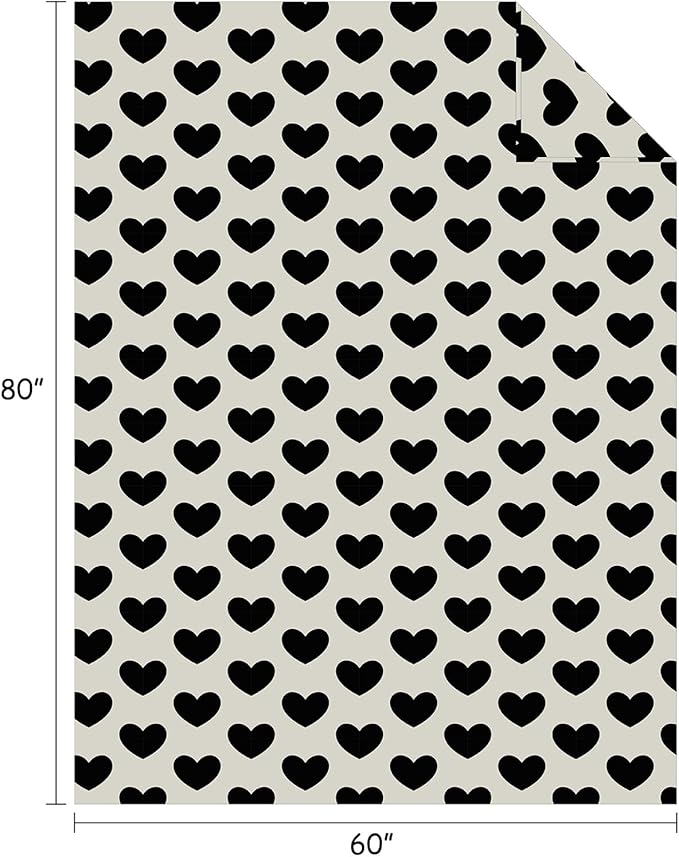 FY FIBER HOUSE Heart Flannel Throw Blanket Soft Cozy Blankets for Lover Gifts All Season Use, 60x80 Inches, Black White