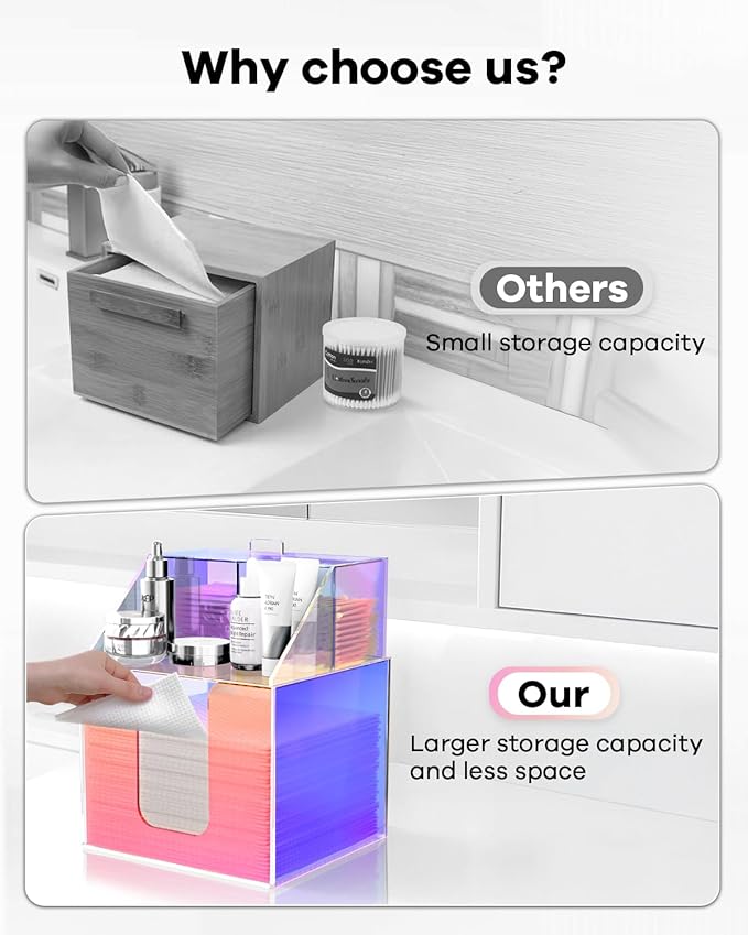 Disposable Facial Towels Storage Box Compatible with Clean Skin Club Clean Towel XL - Cotton Pads - Swabs Upgraded Double Layer Acrylic Storage Container Face Towel Holder (Glossy Rainbow)