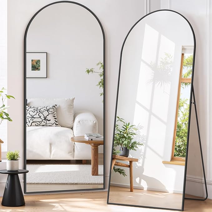 Full Length Mirror 71"x26" Full Body Mirror Arched Free Standing Wall Mounted Leaning Floor Mirrors with Stand Aluminum Alloy Frame for Bedroom Cloakroom, Black