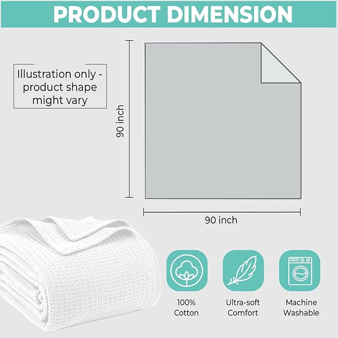 100% Cotton Blankets for Bed - Waffle Weave Blankets for Summer, Lightweight and Breathable Soft Woven Blanket for Spring (White, Queen (90" x 90"))