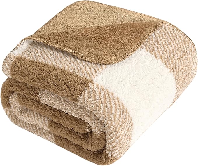 LURKA Checkered Sherpa Fleece Throw Blanket – Soft and Cozy, Medium Weight for All Season, Plush Throw for Couch, Bed & Pets, Brown, 50x60 Inches