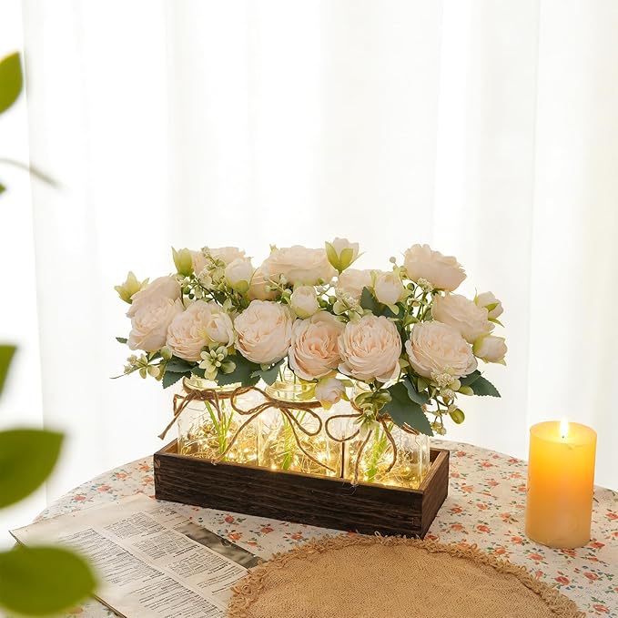LUEUR Mason Jar Lights Centerpiece with Farmhouse Wood Tray – 3 Jars with Champagne Peony Spring Flowers, Rustic Spring & Wedding Decoration for Dining Table, Coffee Table, Kitchen & Living Room