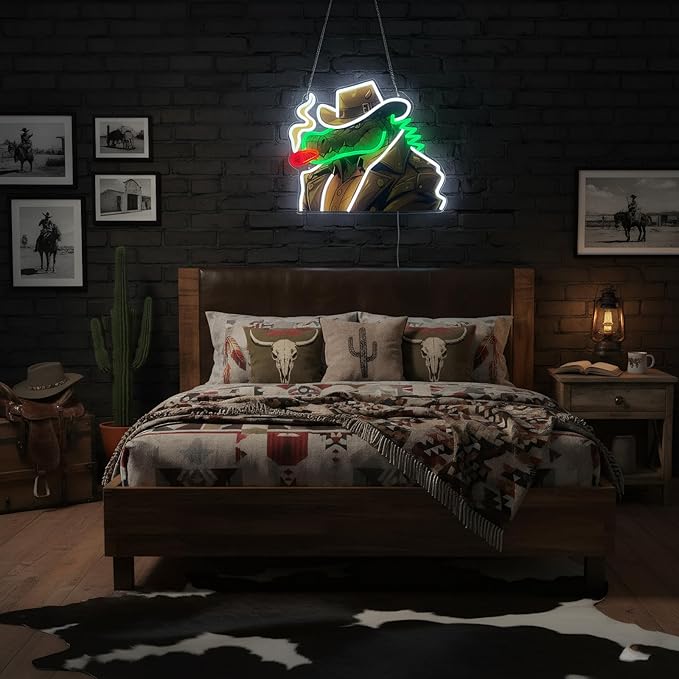 Cowboy Alligator Neon Sign for Wall Decor, Western Dimmable LED Wall Light for Man Cave, Bar, Pub, Game Room, or Garage, Cool Art Gift for Men, 15.5 x 13.5 inch