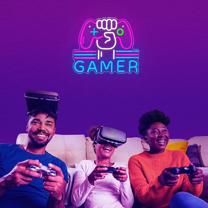 Gamer Neon Sign, Bright and Dimmable Large Colorful Neon Light for Gaming Video Room Bedroom Wall Decor, USB Powered LED Game Room Night Lights Gift for Boys Teen Kids Gamers(15.4X12.6") (Gamer)