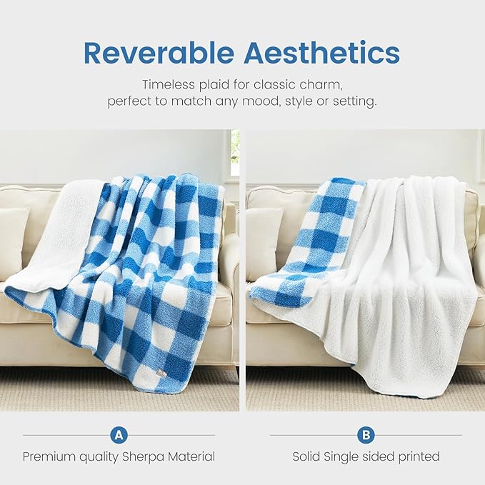 Cozy Bliss Luxury Sherpa Throw Blanket for Couch, Premium Reversible Buffalo Plaid Thick Throw, Warm Cozy Soft Blanket for Home and Gifts (Light Blue, 60" x 80")
