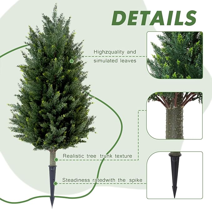 Pair Artificial Cedar Topiary Trees, 3ft UV-Resistant Faux Cypress shrubs w/Ground Spikes (Including Lights),Tall Evergreen Decorative Plants for Outdoor & Indoor Porch, Patio, and Garden