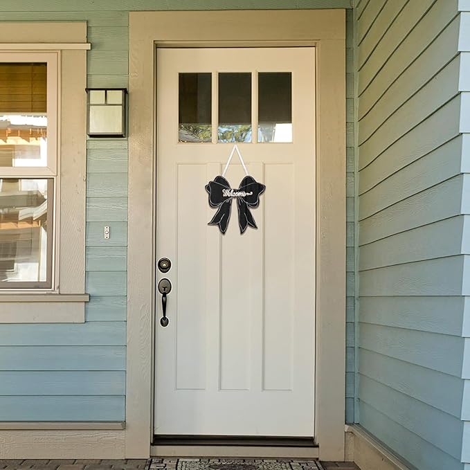 Black Bow Decor Hanging Sign Cute Coquette Bow Decoration Double-sidedWooden Bowknot Welcome Door Sign for Preppy Room Wall Home Bedroom Fall Halloween Indoor Outdoor Porch