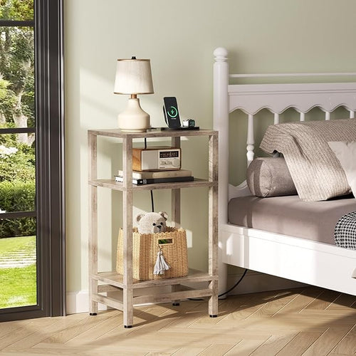 3 Tier Tall Side Table with Fast Charging Station, Narrow End Table for Small Space, Skinny Nightstand with Type C and USB Port, End Tables for Living Room, Bedroom, Office, Greige
