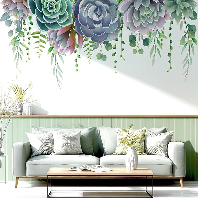Succulent Plants Leaves Wall Decals Peel and Stick, Large Flowers Vinyl Wall Stickers, Removable Hanging Floral Home Decor Art for Bedroom Living Room Classroom Office