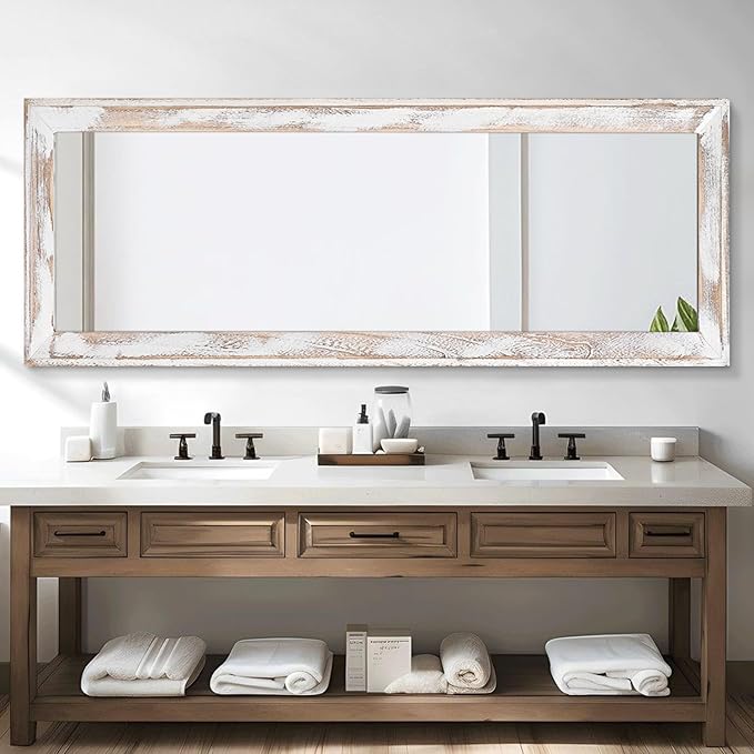 AAZZKANG Wall Mirror Full Length with Wood Frame 65"x22" Rustic Large Full Body Mirrors Decorative for Bedroom Living Room Bathroom Entryway Hanging Rectangular White