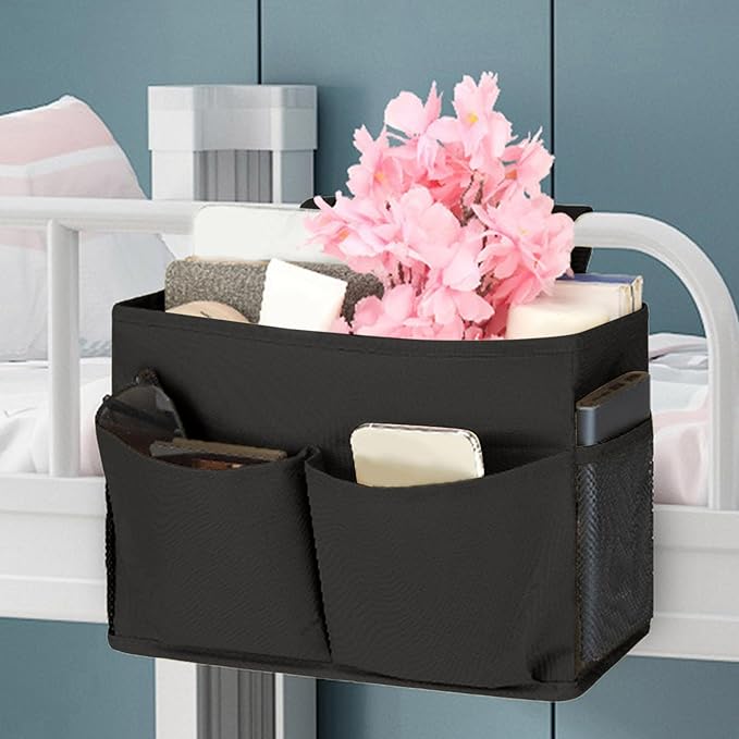 Bedside Caddy, Durable Cotton Linen Bunk Bed Caddy with Pockets and Bottle Holder,Hanging Storage Organizer,Bedside Bag for College Dorm Bed Rails Crib Bed Hospital Home Rooms Accessories (Black)