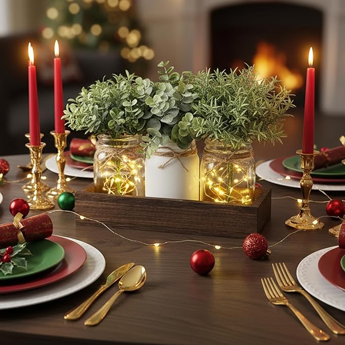 Mkono Mason Jar Lights Table Centerpiece for Dining Room Fake Eucalyptus Plants Christmas Table Decor for Kitchen Coffee Table Living Room Bathroom