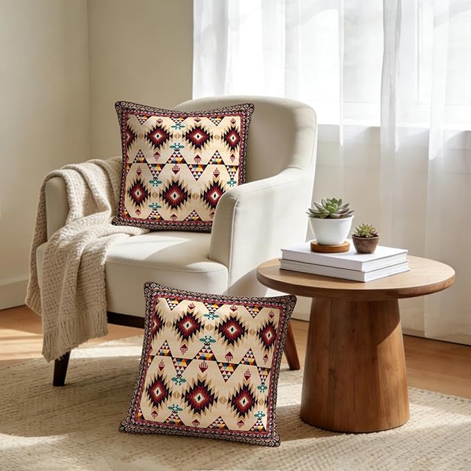 Native American Navajo Geometric Throw Pillows Covers 2 Pack 18" x 18", Polyester Double-Sided Southwestern Aztec Tribal Cushion Cases, Rustic Southwestern Home Decor for Sofa Living Room Cabin Decor