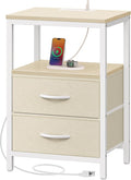 Huuger Nightstand with Charging Station, Side Table with Fabric Drawers, End Table with Open Shelf, Bedside Table with USB Ports and Outlets, Night Stand for Bedroom, White Marple