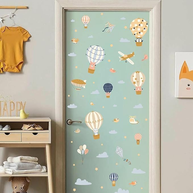 HLNIUC Large Hot Air Balloon Wall Sticker 35”x24”Baby Animal Peel And Stick Wall Art Decal Star Moon Cloud Balloons Window Cling Cartoon Airplane and Hot Air Balloon Room Sticker for Nursery Kids Room