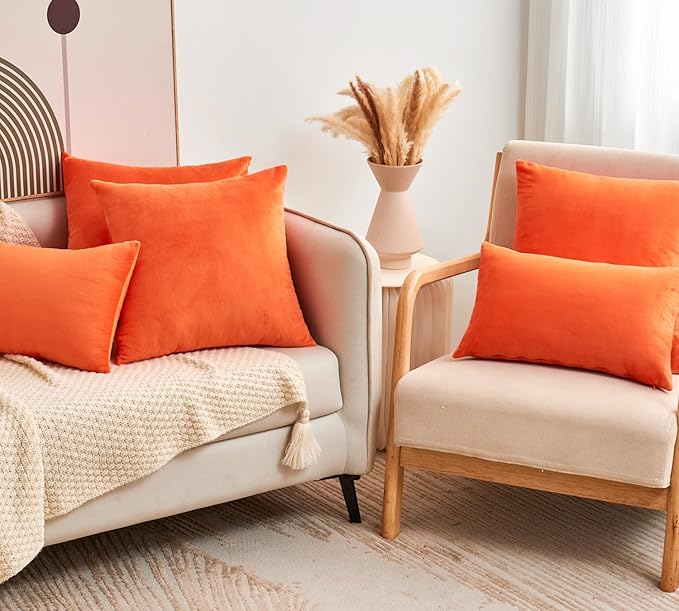 Fall Orange Throw Pillow Covers Decorative Velvet Set of 2 26x26 Inch Pillow Covers, Soft Burnt Orange Pillowcases for Couch Sofa Bed Living Room, Farmhouse Boho Decor, Accent Cushion Covers