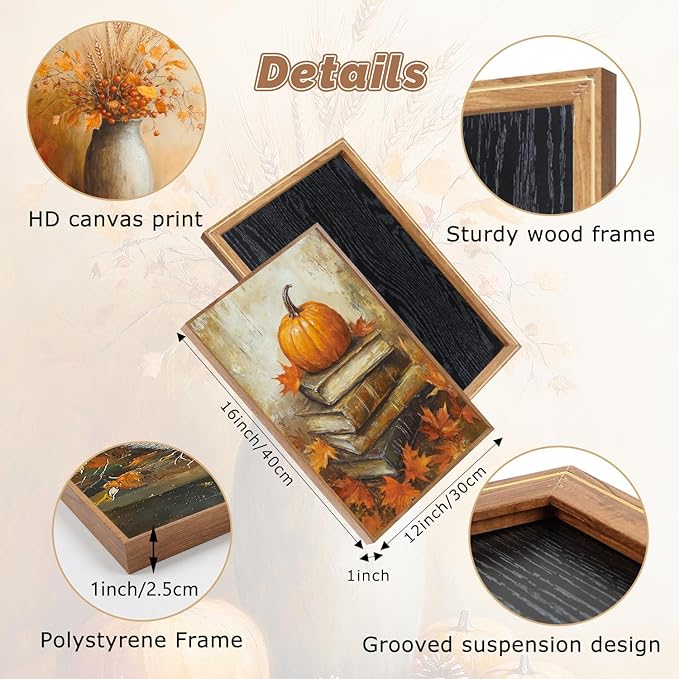 CHDITB Fall Pumpkin Framed Wall Art, Autumn Harvest Wall Decor, Nature Maple Leaves Seasonal Wall Painting, Halloween Thanksgiving Festival Party Art Prints For Living Room Kitchen Decor 12”X16”x3