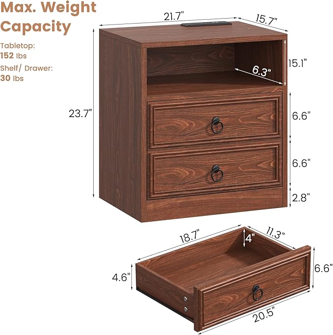 Farmhouse Nightstand with Charging Station, 21.7" Wide End Table with 2 Drawers & Open Compartment, Cherry Wood Side Table, Bedside Table for Bedroom, Living Room, Sofa