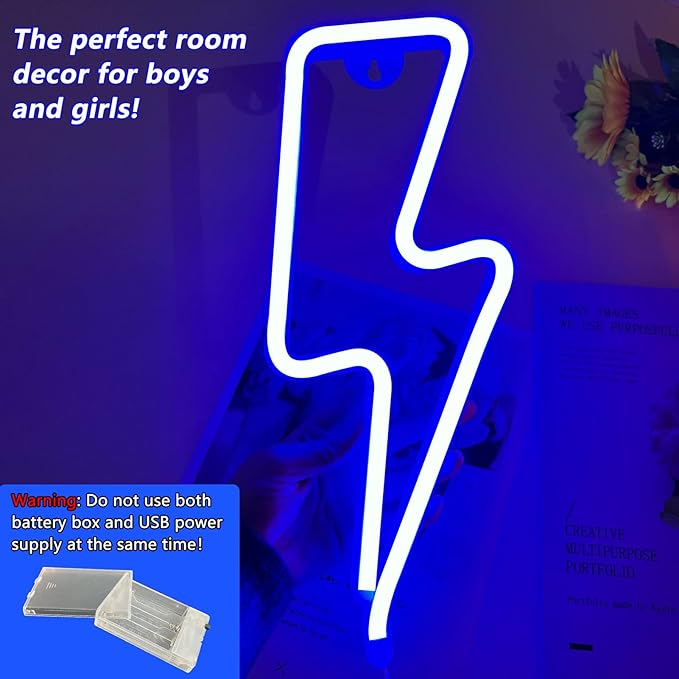 Neon Signs Lightning Bolt Neon Light Sign for Wall Decor, Battery or USB Powered Led Lightning Light Neon Sign for Bedroom, Kids Room, Birthday, Party, Wedding, Home, Kids Decorations Blue