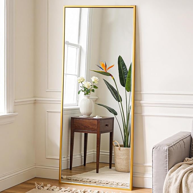 NEWBULIG Full Length Mirror 21"x 56" for Bedroom, Full Body Mirror with Stand, Hanging or Leaning for Wall, Aluminum Alloy Thin Frame Floor Standing for Living Room, Long, Gold
