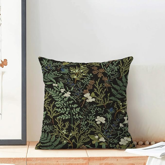 Spring Pillow Covers 18x18 Inch Set of 2,Black Sage Green Wild Flower Plant Throw Pillows Case,Seasonal Vintage Floral Outdoor Decorative Linen Farmhouse Decor Cushion Covers for Sofa Bed Couch