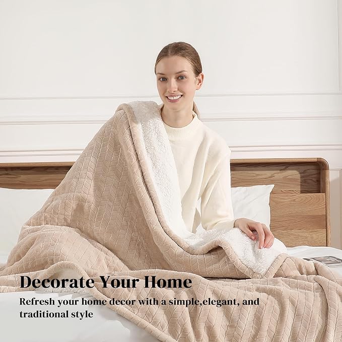 Twin Electric Blanket 62"x84" Heating Blanket Twin, Wheat Pattern Ultra-Soft Flannel & Thick Sherpa with 5 Heat Settings & 10 Hour Auto Shut-Off, ETL & FCC Certified, Machine Washable Home Use, Beige