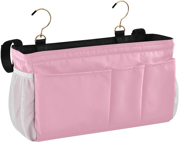 DOMIKING Pink Bedside Caddy for Dorm Bed Recliner Armrest Organizer with Hooks Haning Holders for Magazine Tablet Phone