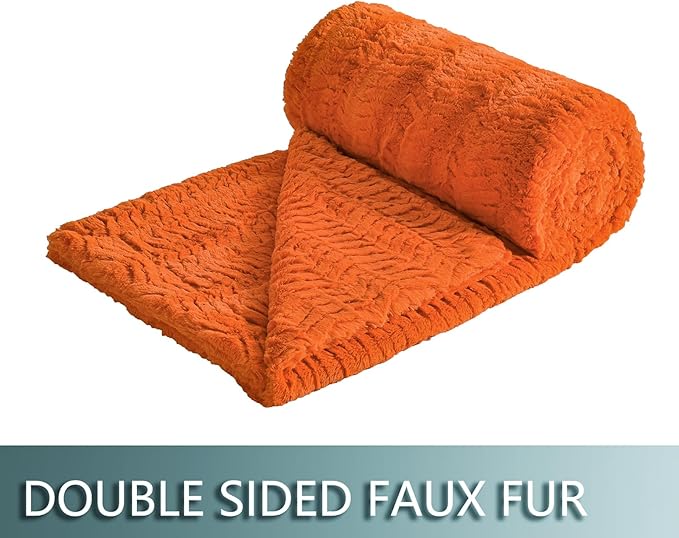 YUSOKI Luxury Faux Fur Blanket for Queen Size Bed 2 Layers,7.3lb,All Ages,Home Decoration Without Pillows (Burnt Orange,90"x90")