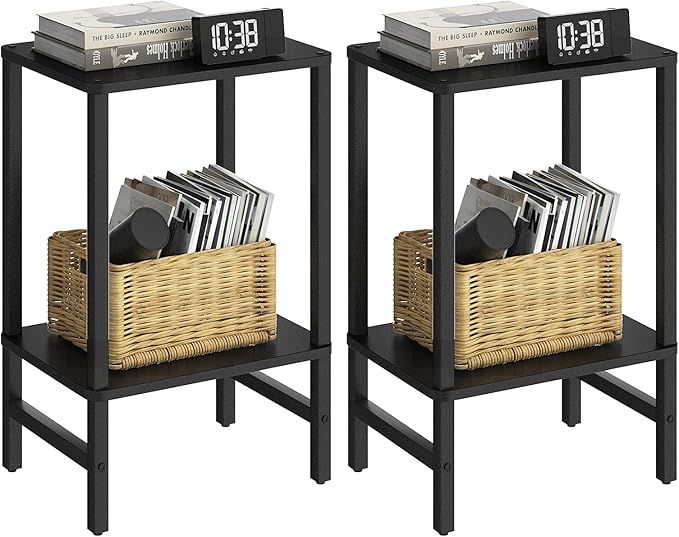 Side Table End Table Tall Night Stand 2-Tier 2 Pack for Living Room Bedroom Bathroom Office Furniture Black