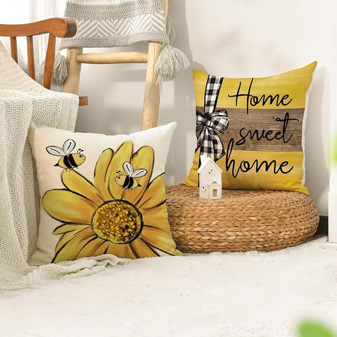 AVOIN colorlife Home Sweet Home Bee Sunflower Throw Pillow Covers, 16 x 16 Inch Love Lives Here Spring Summer Stripes Cushion Case for Sofa Couch Set of 4