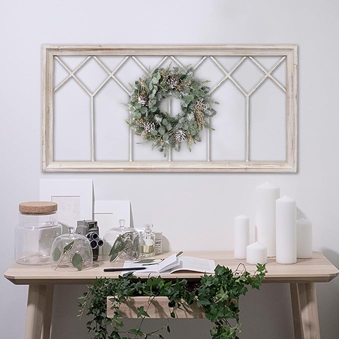 Sintosin Rustic Wood Window Frame Wall Decor 40 x 20 inches, Hanging Washable White Farmhouse Faux Windows Frames for Walls, Decorative Wall Art for Living Room Bedroom Hallway Christmas
