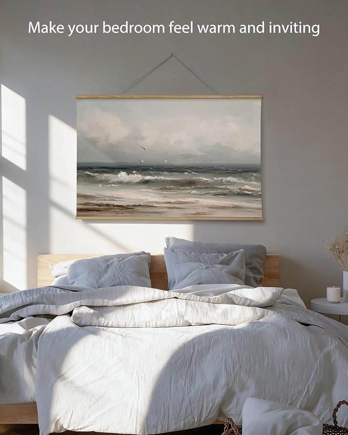 ARPEOTCY Extra Large Vintage Framed Wall Art, 36x54 Inch Coastal Ocean Gulls and the Sea Hanging Canvas Prints Scroll Wall Art Decor for Living Room Bedroom, Retro Scenery Pictures Above of Bed