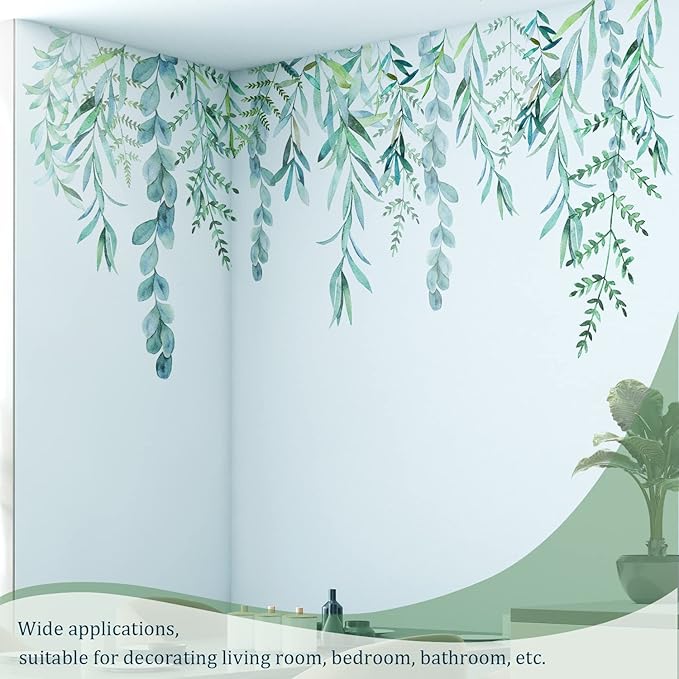 Green Hanging String of Willow Wall Decals Peel and Stick, Large Plants Vinyl Wall Stickers, Removable Vine Home Decor Art for Bedroom Living Room Classroom Office