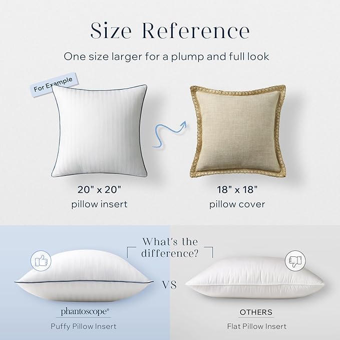 Phantoscope 18x18 Pillow Inserts, Decorative Throw Pillow Inserts with 100% Cotton Striped Cover, Virgin Fiber Pillow Sham Stuffer, Square Couch Cushion Pillows, Pack of 2, 18x18 Inch