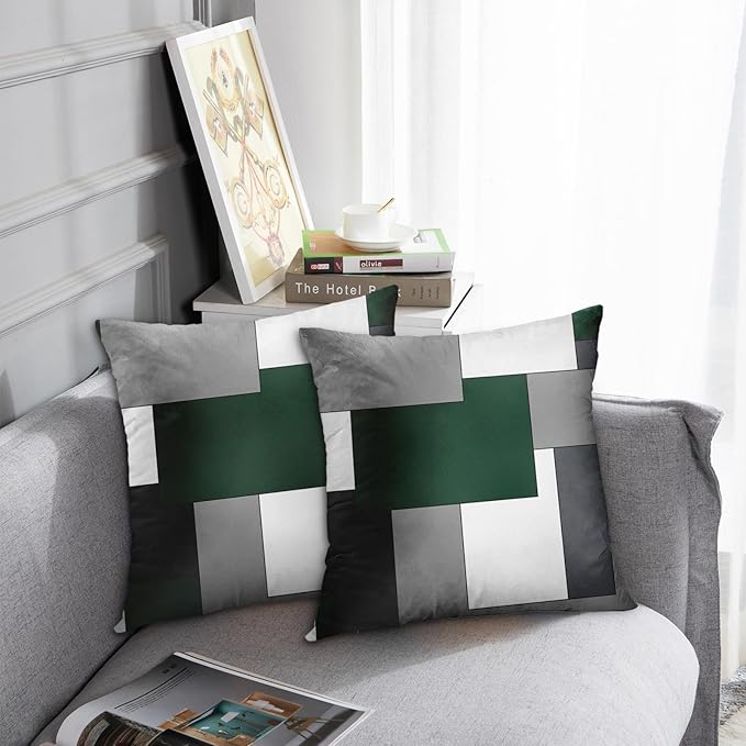 Emvency Set of 2 Dark Green Geometric Throw Pillow Cover Black Grey White Painting Abstract Checkered Design Decorative Pillow Case Modern Home Decor Standard Square 18x18 Inch Cushion Pillowcase
