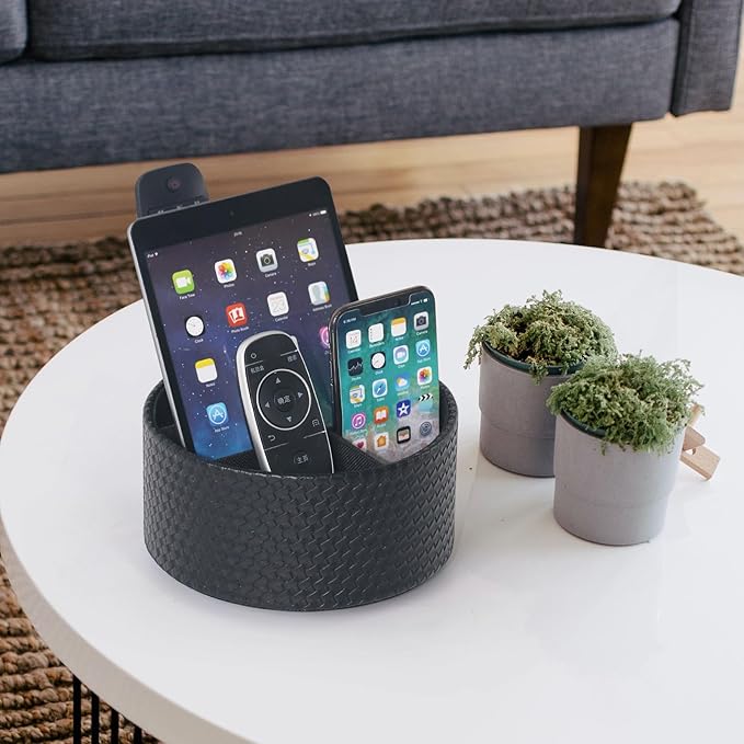 Remote Control Holder 360° Spinning Controller Holder TV Remote Caddy End Table Organizer Storage Bedside Nightstand Couch Caddy of Couch for Call Phone PU Leather Side Table Organizer