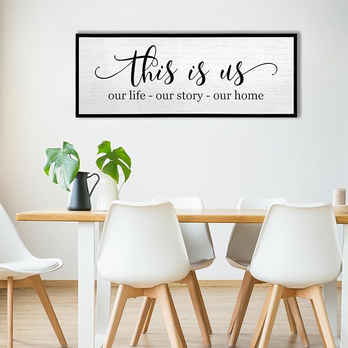 TQianJiang Simple Family Quote This Is Us Wall Decor 40"×15" Our Life Our Story Our Home Sign for Living Room Wall Art Entryway Farmhouse Large Rustic Wooden Framed House Plaque Hanging (Black)