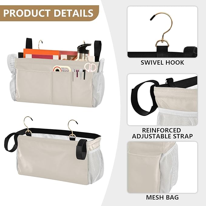 DOMIKING Beige Bedside Caddy for Dorm Bed Recliner Armrest Organizer with Hooks Haning Holders for Phone Magazine Tablet