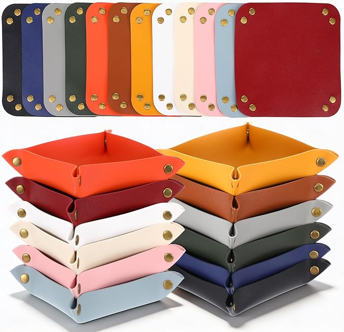 24 Pcs Leather Valet Tray, 12 Colors Portable Catchall Organizer, Jewelry Key Phone Wallet Coin Tray for Travel Entryway Desk Bedside Nightstand Storage